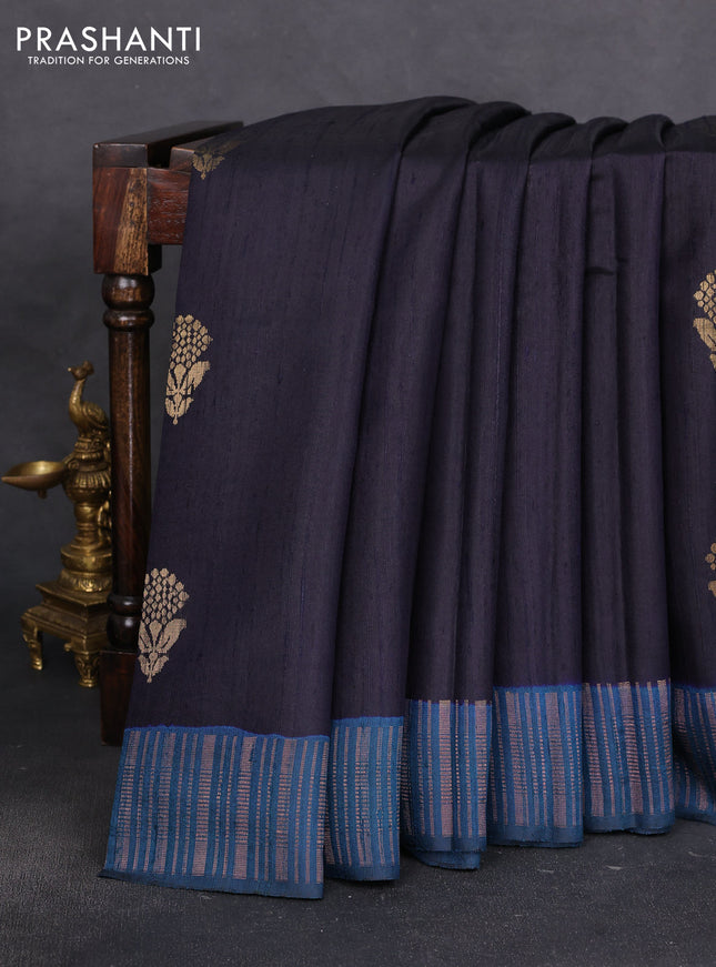Pure dupion silk saree black and teal green with floral zari woven buttas and zari woven border