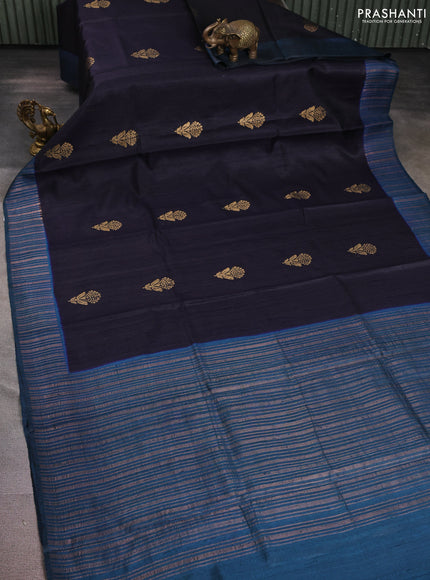 Pure dupion silk saree black and teal green with floral zari woven buttas and zari woven border