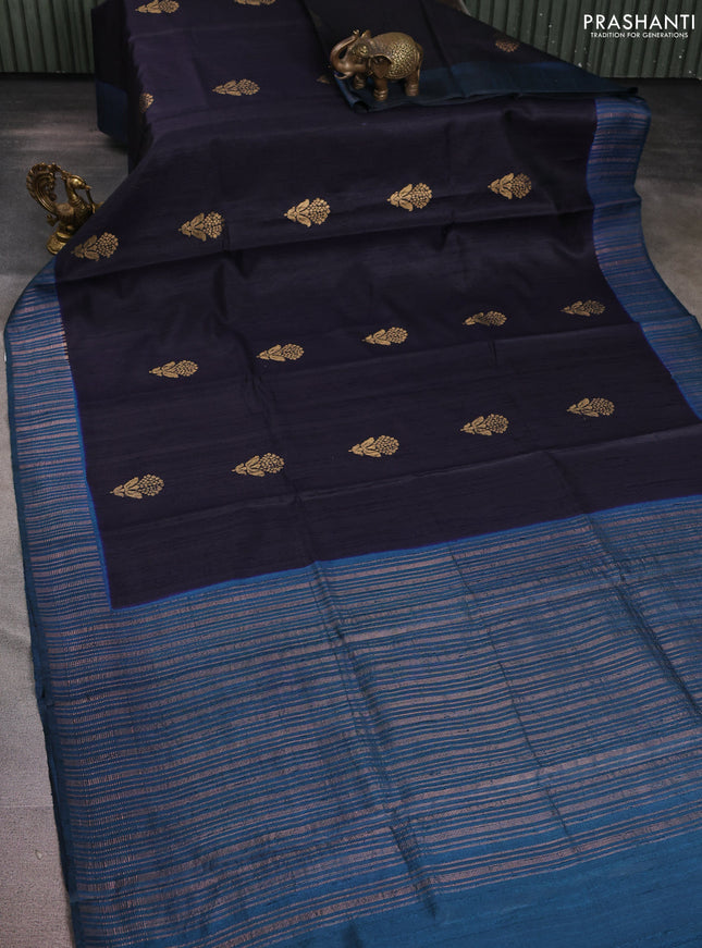 Pure dupion silk saree black and teal green with floral zari woven buttas and zari woven border