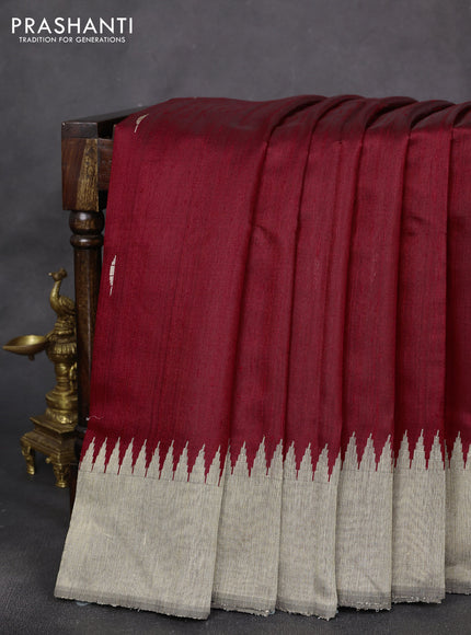 Pure dupion silk saree maroon and beige with thread woven buttas and temple design border