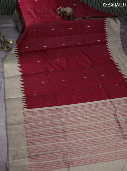 Pure dupion silk saree maroon and beige with thread woven buttas and temple design border