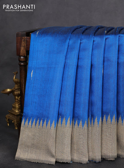Pure dupion silk saree cs blue and beige with thread woven buttas and temple design border