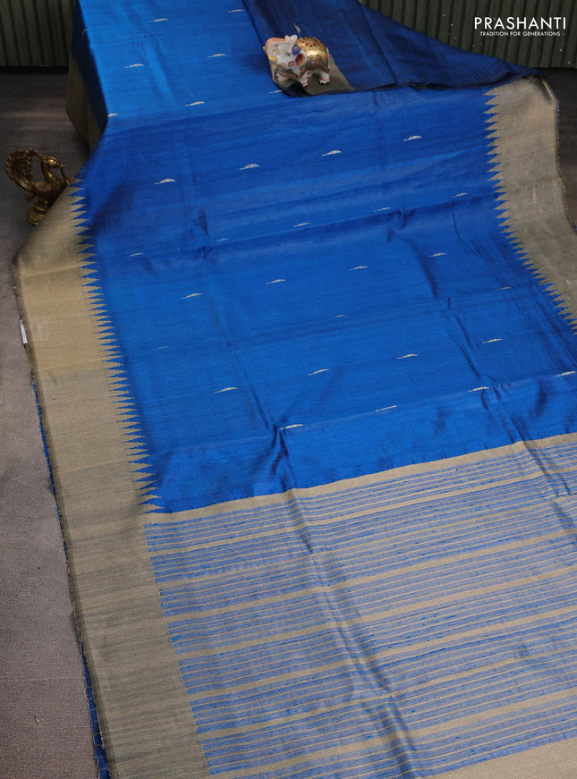 Pure dupion silk saree cs blue and beige with thread woven buttas and temple design border