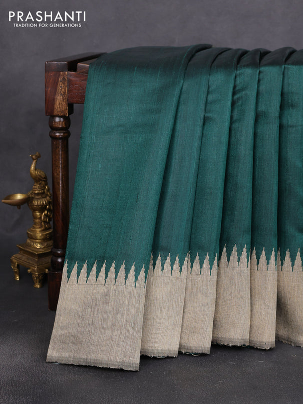 Pure dupion silk saree green and beige with thread woven buttas and temple design border