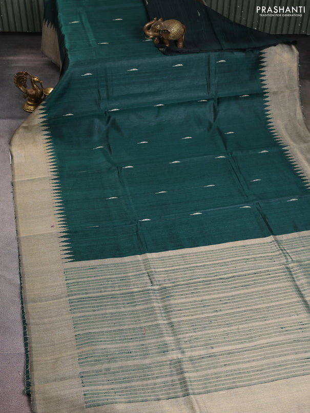 Pure dupion silk saree green and beige with thread woven buttas and temple design border