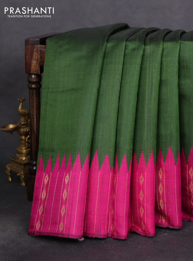 Pure dupion silk saree green and pink with plain body and temple design zari woven border