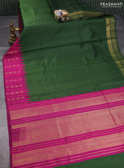 Pure dupion silk saree green and pink with plain body and temple design zari woven border