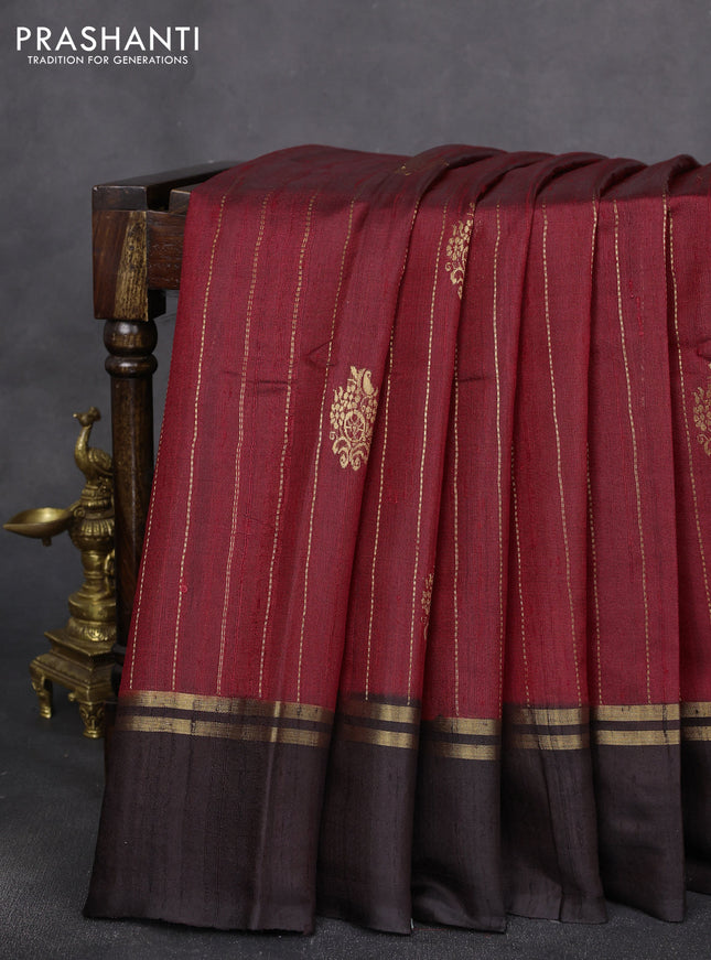 Pure dupion silk saree maroon and deep jamun with allover zari woven buttas and simple border