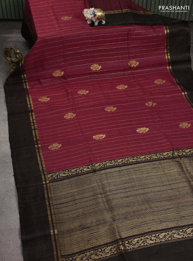 Pure dupion silk saree maroon and deep jamun with allover zari woven buttas and simple border