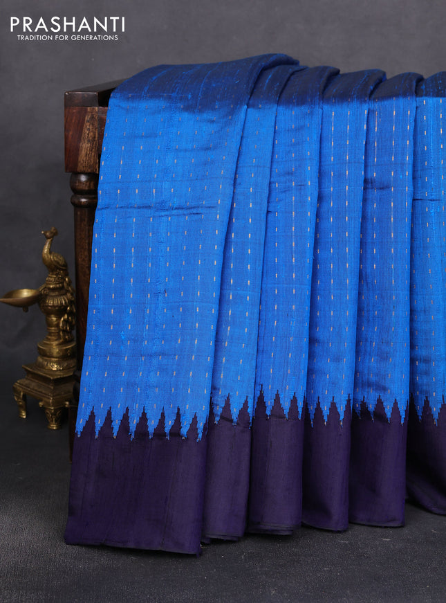 Pure dupion silk saree cs blue and navy blue with zari stripe pattern and temple design woven border
