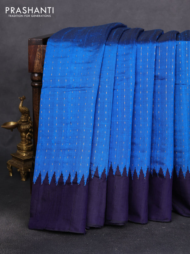 Pure dupion silk saree cs blue and navy blue with zari stripe pattern and temple design woven border