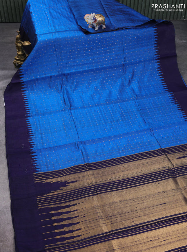 Pure dupion silk saree cs blue and navy blue with zari stripe pattern and temple design woven border