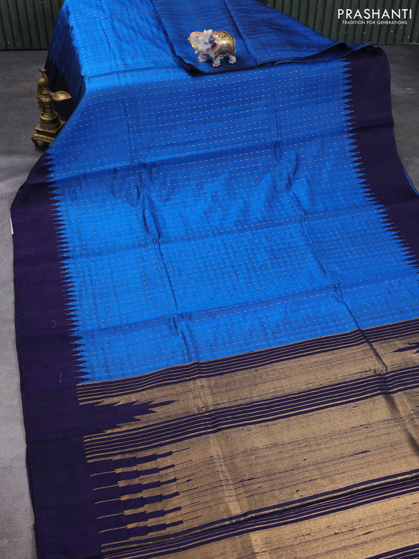 Pure dupion silk saree cs blue and navy blue with zari stripe pattern and temple design woven border
