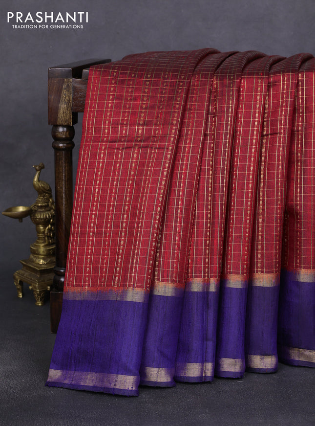 Pure dupion silk saree maroon and navy blue with allover zari woven checked pattern and rettapet zari woven border