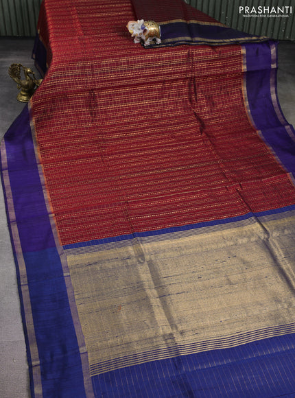 Pure dupion silk saree maroon and navy blue with allover zari woven checked pattern and rettapet zari woven border