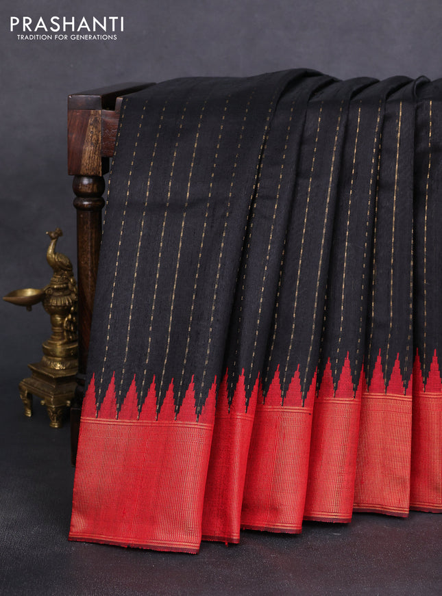 Pure dupion silk saree black and red with allover zari weaves and temple design zari woven border