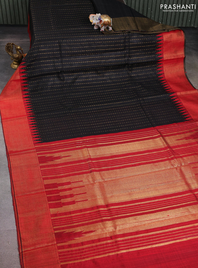 Pure dupion silk saree black and red with allover zari weaves and temple design zari woven border