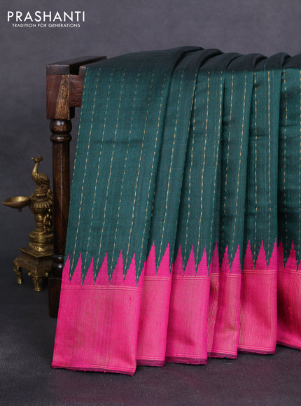 Pure dupion silk saree bottle green and pink with allover zari weaves and temple design zari woven border