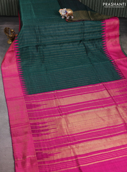 Pure dupion silk saree bottle green and pink with allover zari weaves and temple design zari woven border