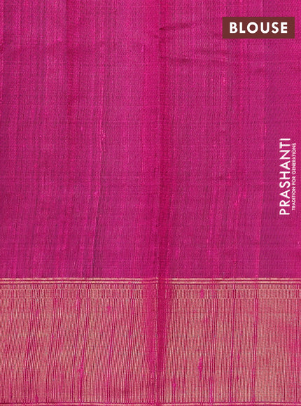 Pure dupion silk saree bottle green and pink with allover zari weaves and temple design zari woven border