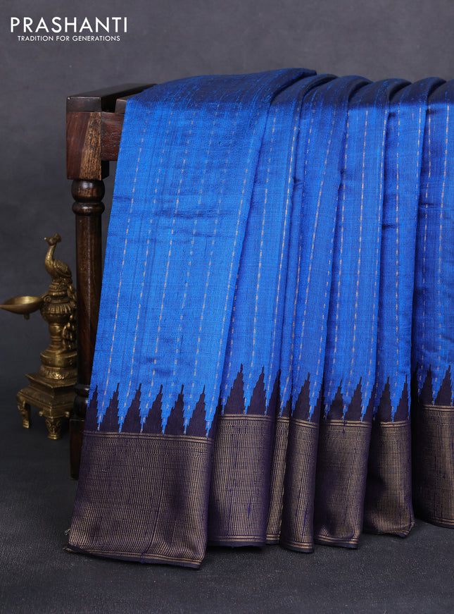 Pure dupion silk saree cs blue and navy blue with allover zari weaves and temple design zari woven border