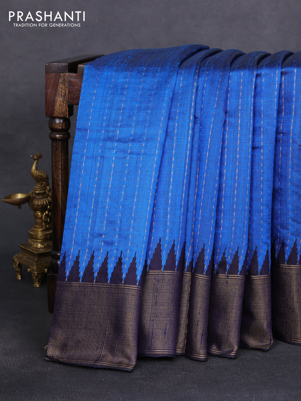 Pure dupion silk saree cs blue and navy blue with allover zari weaves and temple design zari woven border