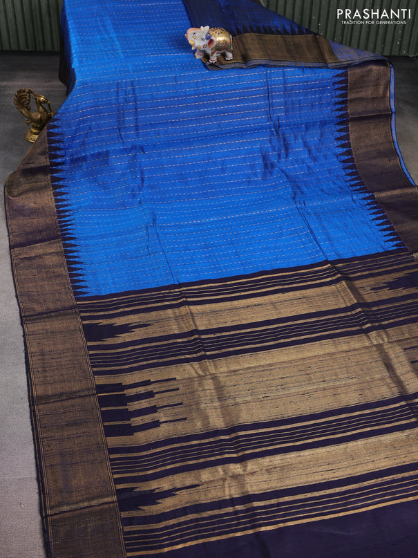 Pure dupion silk saree cs blue and navy blue with allover zari weaves and temple design zari woven border