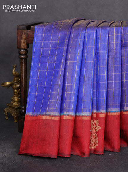 Pure dupion silk saree blue and maroon with allover zari woven checked pattern and silver & zari woven butta border