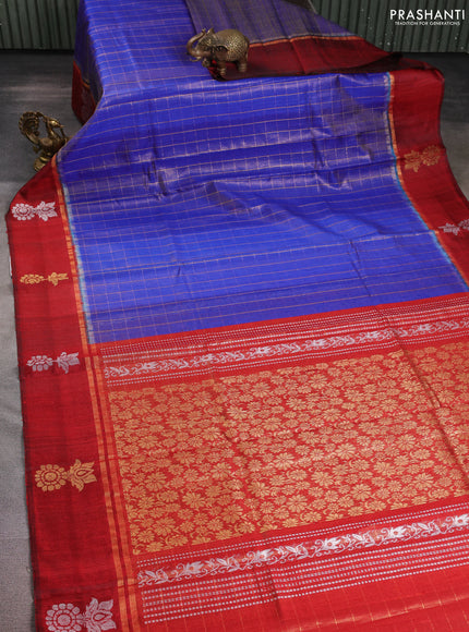 Pure dupion silk saree blue and maroon with allover zari woven checked pattern and silver & zari woven butta border