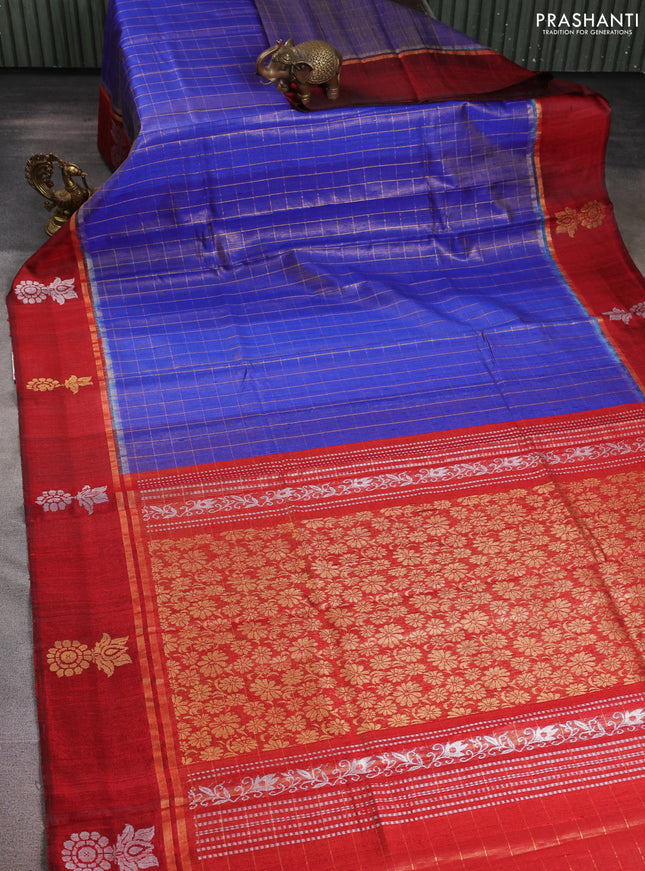 Pure dupion silk saree blue and maroon with allover zari woven checked pattern and silver & zari woven butta border