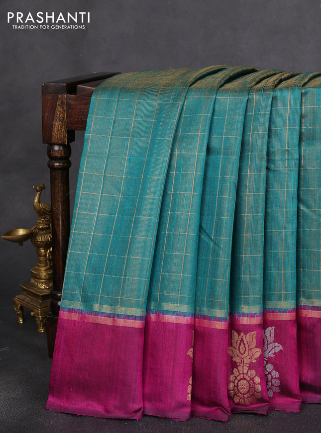 Pure dupion silk saree teal green and pink with allover zari woven checked pattern and silver & zari woven butta border