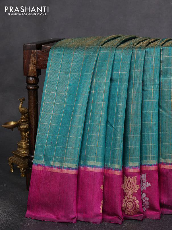 Pure dupion silk saree teal green and pink with allover zari woven checked pattern and silver & zari woven butta border