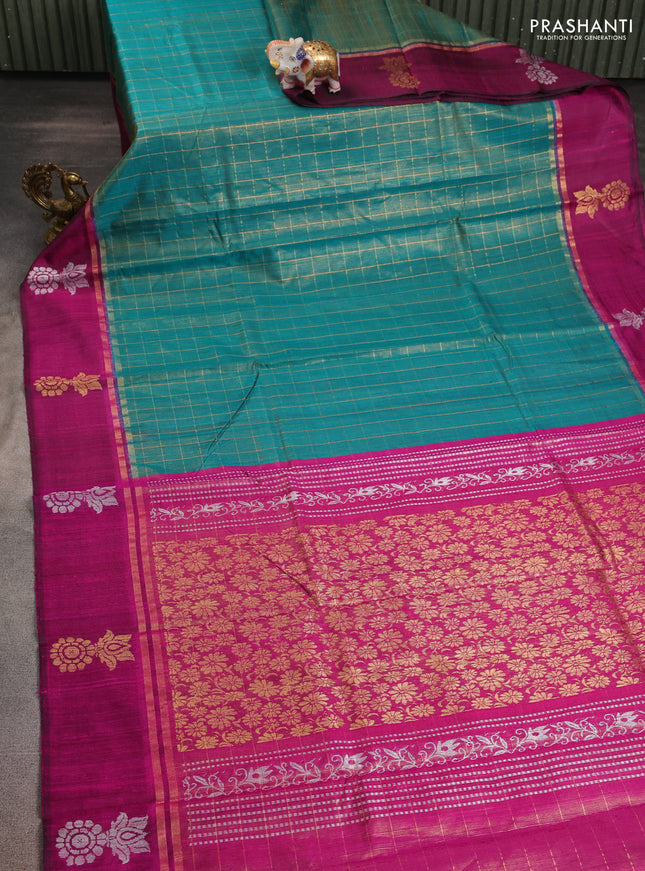 Pure dupion silk saree teal green and pink with allover zari woven checked pattern and silver & zari woven butta border