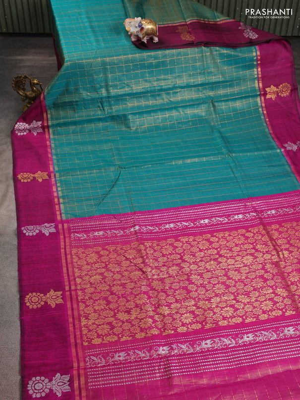 Pure dupion silk saree teal green and pink with allover zari woven checked pattern and silver & zari woven butta border