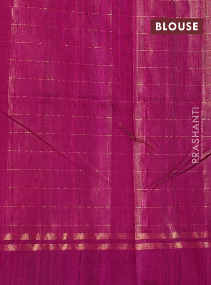 Pure dupion silk saree teal green and pink with allover zari woven checked pattern and silver & zari woven butta border