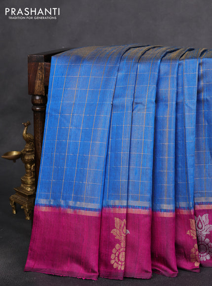 Pure dupion silk saree cs blue and pink with allover zari woven checked pattern and silver & zari woven butta border