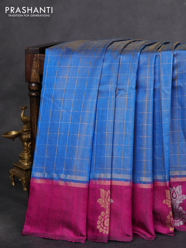 Pure dupion silk saree cs blue and pink with allover zari woven checked pattern and silver & zari woven butta border