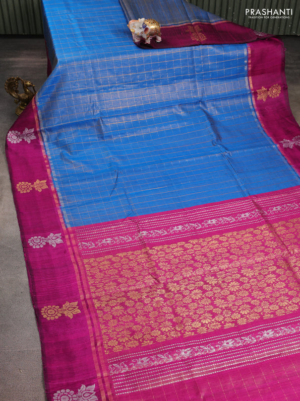 Pure dupion silk saree cs blue and pink with allover zari woven checked pattern and silver & zari woven butta border