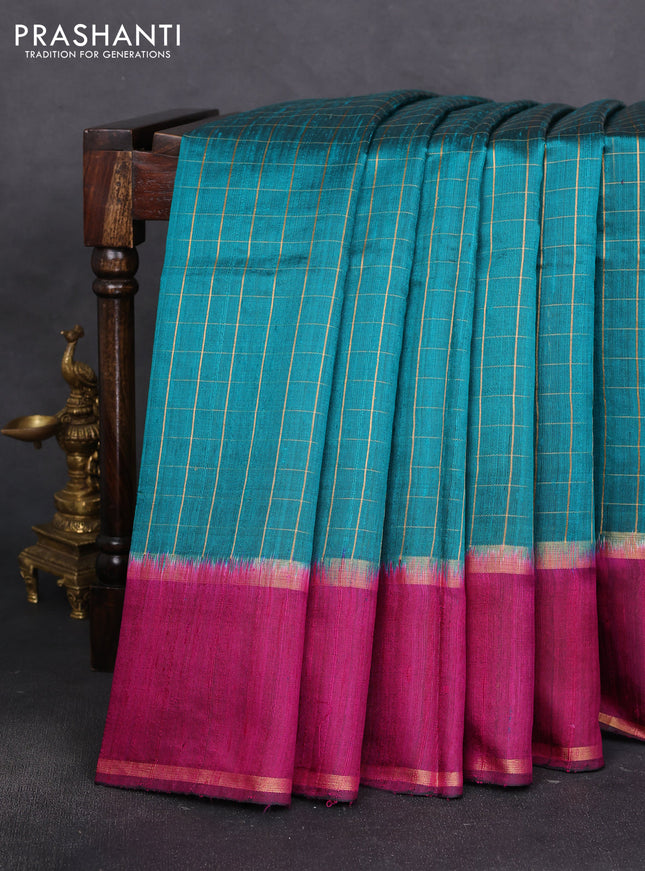 Pure dupion silk saree teal green and magenta pink with allover zari woven checked pattern and zari woven butta border