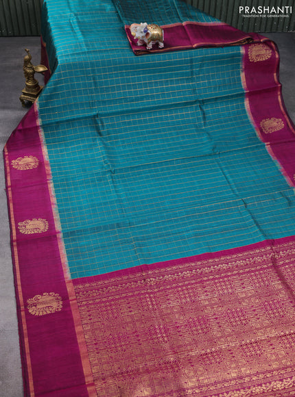Pure dupion silk saree teal green and magenta pink with allover zari woven checked pattern and zari woven butta border