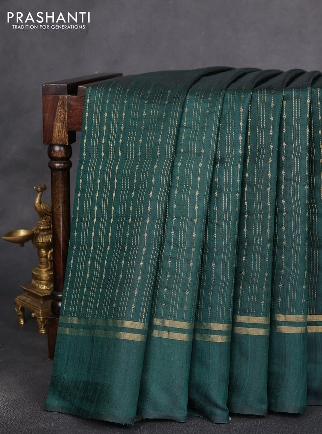 Pure dupion silk saree green with allover zari stripe pattern and simple border