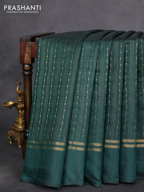 Pure dupion silk saree green with allover zari stripe pattern and simple border
