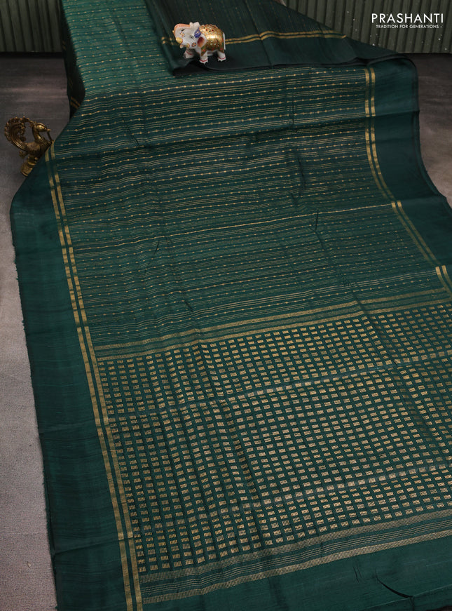 Pure dupion silk saree green with allover zari stripe pattern and simple border