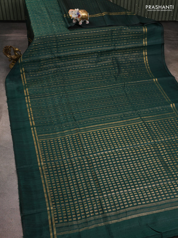 Pure dupion silk saree green with allover zari stripe pattern and simple border