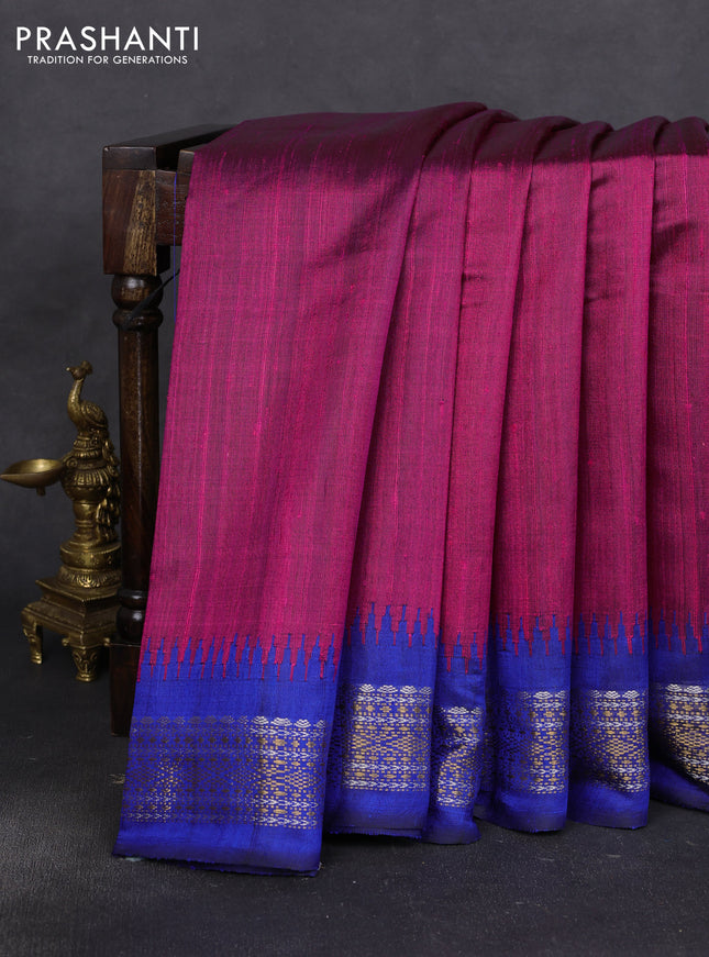 Pure dupion silk saree pink and blue with plain body and temple design zari woven border
