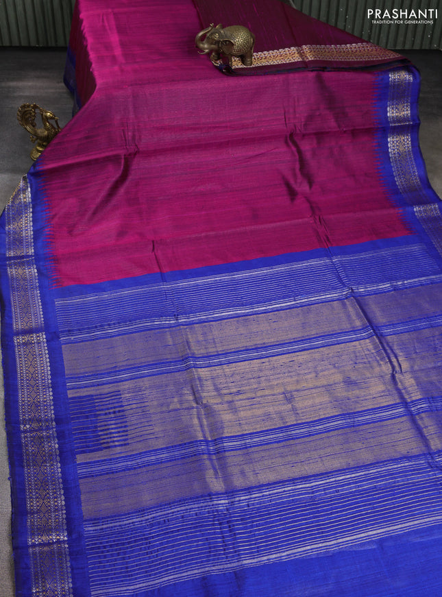Pure dupion silk saree pink and blue with plain body and temple design zari woven border