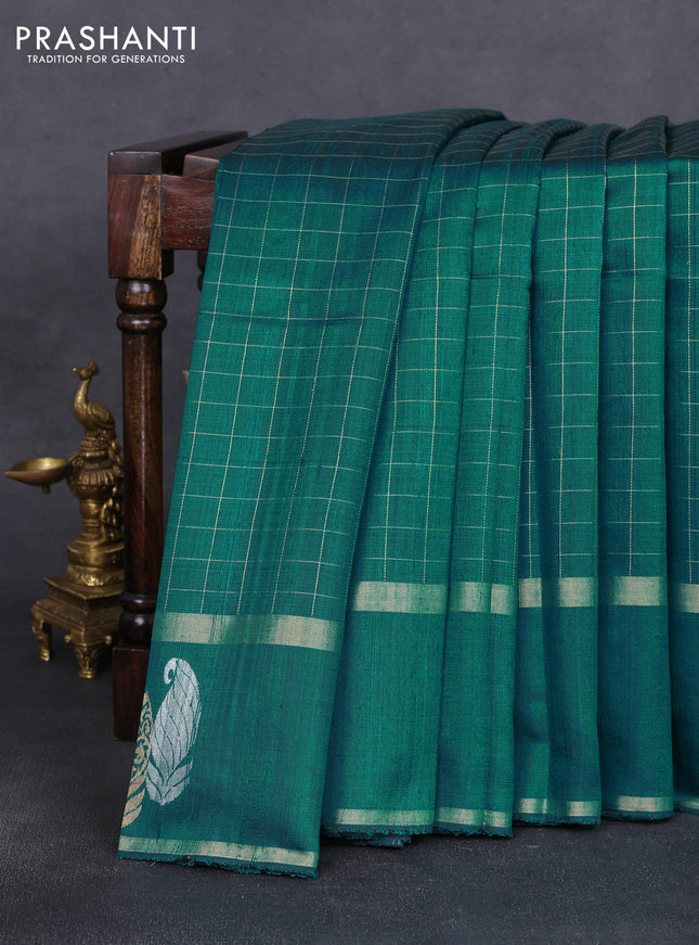 Pure dupion silk saree teal green with allover zari woven checked pattern and silver & zari paisley butta border