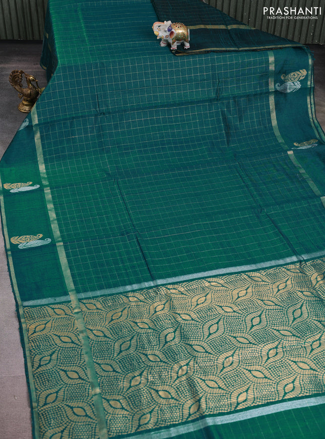 Pure dupion silk saree teal green with allover zari woven checked pattern and silver & zari paisley butta border