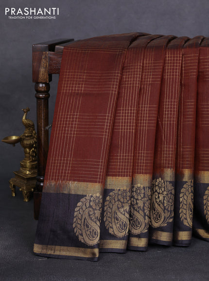 Pure dupion silk saree brown and black with allover zari woven checked pattern and paisley zari woven border