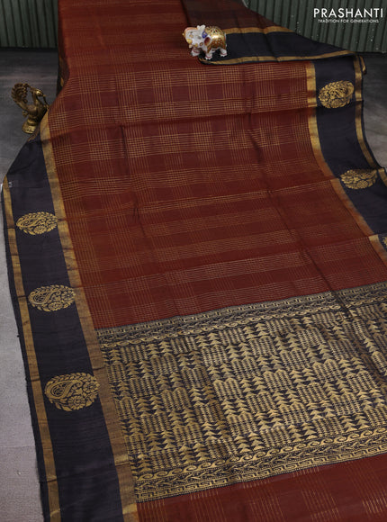 Pure dupion silk saree brown and black with allover zari woven checked pattern and paisley zari woven border